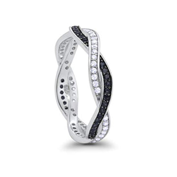 Crisscross Braided Weave Design Band Ring Round Eternity Simulated Black CZ 925 Sterling Silver